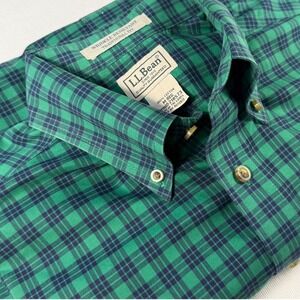 LL Bean Men M Green Navy Plaid Traditional Fit Wrinkle Resist Button Shirt Prepp